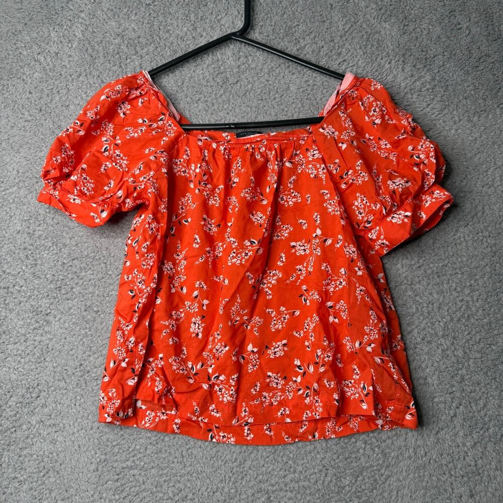 Ann Taylor Petite Blouse Women’s XSP Orange Floral Puff Sleeve Top
